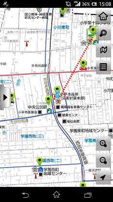 スマートフォンの画面に小平市の地図が表示されている画像