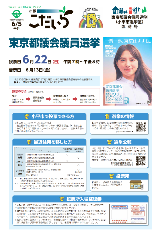 市報こだいら2025年3月28日号 小平市長選挙臨時号の表紙です。