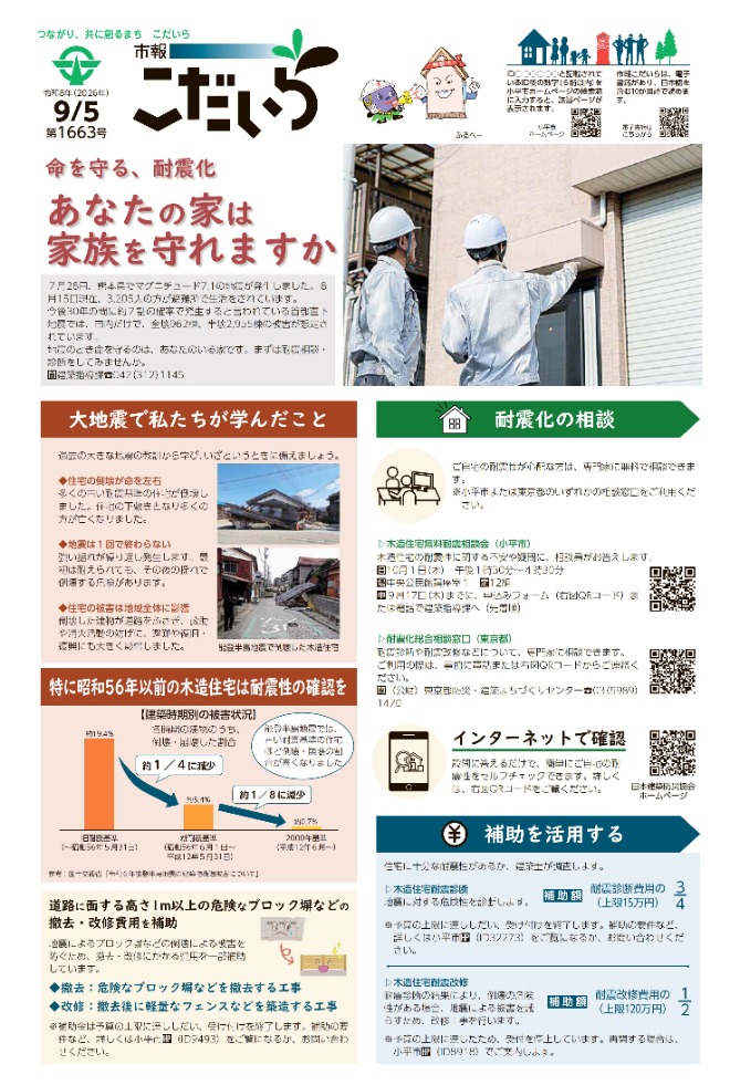 市報こだいら9月5日号1面の表紙です。